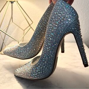 Silver Rhinestone Stiletto Pumps Size 5.5 Sparkly Crystal Pointed Toe Heels